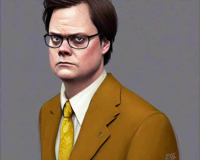 Image similar to close up of dwight schrute wearing a brown suit, mustard yellow dress shirt and necktie, focus, d & d, intricate, elegant, highly detailed, digital painting, artstation, concept art, matte, sharp focus, illustration, hearthstone, art by artgerm and greg rutkowski and alphonse mucha