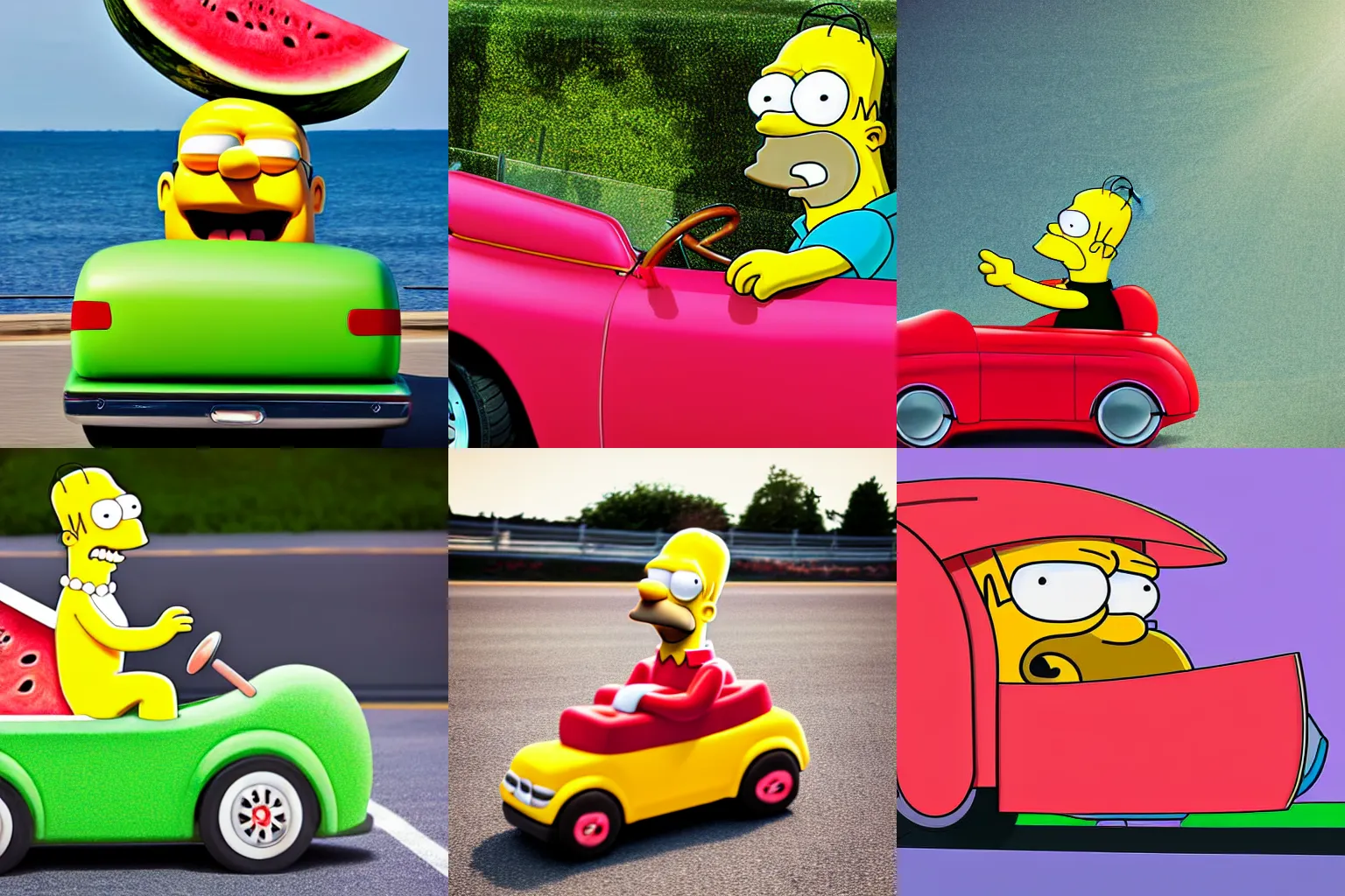 Prompt: homer simpson driving a watermelon car, natural lighting, outdoors, realistic photograph, car, watermelon