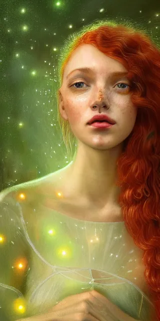 Image similar to amazed happy young woman, surrounded by firefly lights, full covering intricate detailed dress, amidst nature, long red hair, precise linework, accurate green eyes, small nose with freckles, beautiful smooth oval shape face, empathic, expressive emotions, dramatic lights, hyper realistic ultrafine art by artemisia gentileschi, jessica rossier, boris vallejo