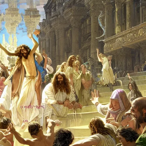 Image similar to a detailed picture of jesus throwing the merchants out of the temple, thrown tables, scattered gold coins, fleeing merchants, fantasy, intricate, elegant, highly detailed, digital painting, artstation, matte, sharp focus, illustration, art by john collier and albert aublet and krenz cushart and artem demura and alphonse mucha