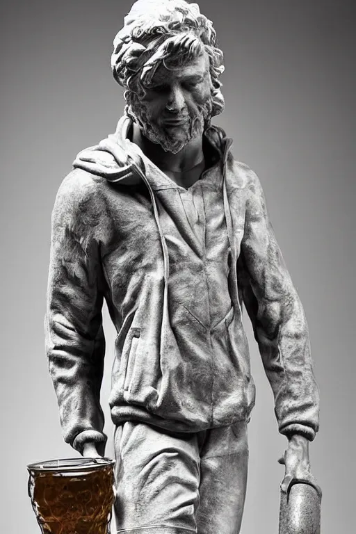 Prompt: marble sculpture of man in Adidas winter jacket, sportswear holding a marble beer can, intricate sculpture, chiseled muscles, godlike, museum photo