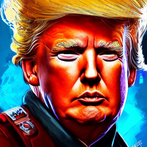 Prompt: donald trump as apex legends character, digital illustration portrait design, by android jones and greg rutkowski, retrowave color scheme, detailed, cinematic lighting, wide angle action dynamic portrait