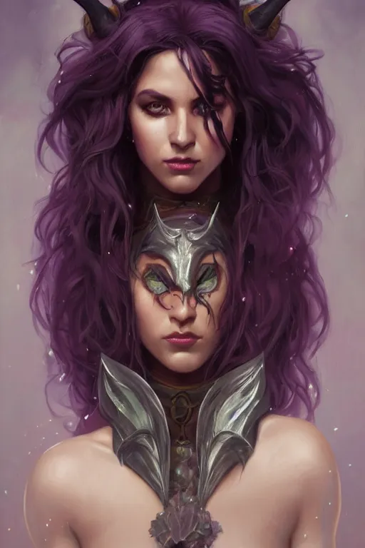 Prompt: Tiefling Druid, She has olive brown skin, vibrant dark purple hair, and stunning silver eyes, dungeons and dragons portrait, highly detailed, digital painting, artstation, concept art, sharp focus, illustration, art by artgerm and greg rutkowski and alphonse mucha