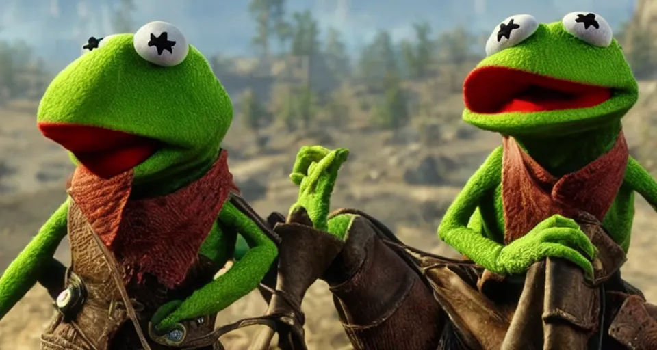 Image similar to Screenshot of Kermit the Frog as a 3d cowboy in the videogame 'Red Dead Redemption 2'. Sharpened. 1080p. High-res. Ultra graphical settings.