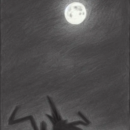 Image similar to Nyarlathotep in the sky silhouetted by the moon as he approaches earth. Street view, charcoal drawing, dynamic lighting, highly detailed, grim.