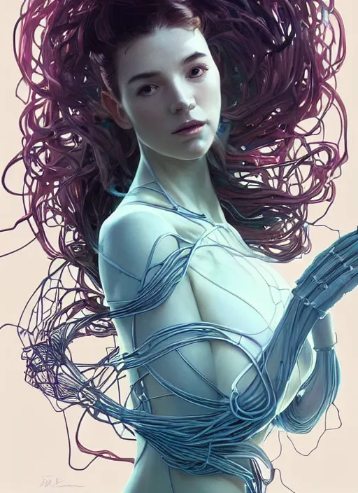 Image similar to beautiful woman, portrait, made of shapes, wires, tubes, veins, jellyfish, white bio - mechanical details, bionic cyborg implants, augments, masterpiece, intricate, biopunk, dramatic lightning, cyberpunk, by loish and makoto shinkai and lois van baarle and ilya kuvshinov and tom bagshaw and alphonse mucha