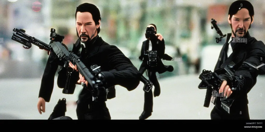 Image similar to beautiful hyperrealism three point perspective film still of Keanu Reeves as neo aiming two uzi at agent smith in a nice oceanfront promenade motorcycle chase scene in Matrix meets tintin(1990) extreme closeup portrait in style of 1990s frontiers in translucent porclein miniature street photography seinen manga fashion edition, miniature porcelain model, focus on face, eye contact, tilt shift style scene background, soft lighting, Kodak Portra 400, cinematic style, telephoto by Emmanuel Lubezki