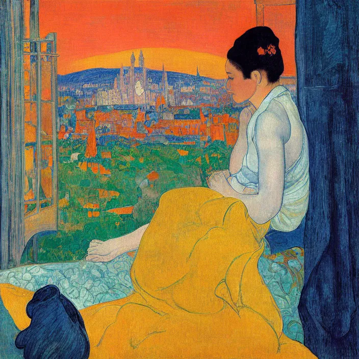 Image similar to close portrait of woman sitting on the bed with orange cat and aloe vera, with city with gothic cathedral seen from a window frame with curtains. sun setting through the clouds, vivid iridescent psychedelic colors. gauguin, agnes pelton, egon schiele, henri de toulouse - lautrec, utamaro, monet