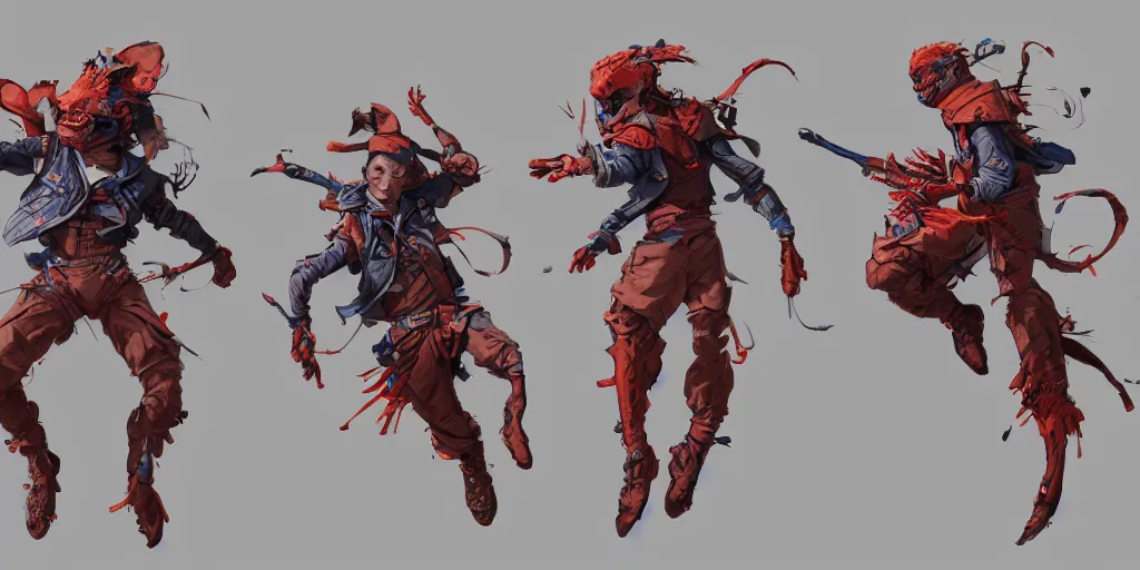 Prompt: cartoonish character jumping, vivid colors, character sheet, fine details, concept design, contrast, kim jung gi, greg rutkowski, trending on artstation, 8 k, full body, turnaround, front view, back view, ultra wide angle