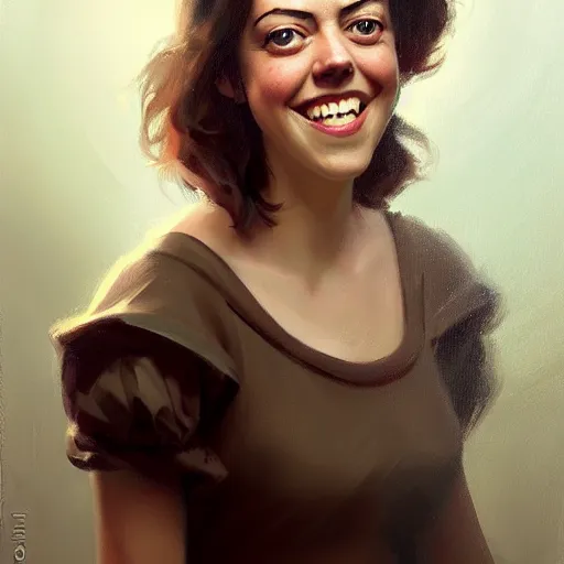 Image similar to portrait painting of aubrey plaza age 2 5, bright and energetic, with a sweet smile and floofy hair, render cinematic lighting art 1 9 2 0 period drama by bussiere rutkowski andreas rocha