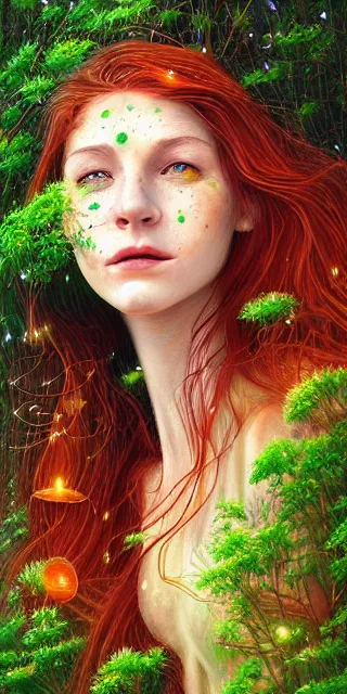 Image similar to infp young woman, smiling amazed, golden fireflies lights, sitting in the midst of nature fully covered, long loose red hair, intricate linework, bright accurate green eyes, small nose with freckles, oval shape face, realistic, expressive emotions, dramatic lights spiritual scene, hyper realistic ultrafine art by michael cheval, jessica rossier, boris vallejo