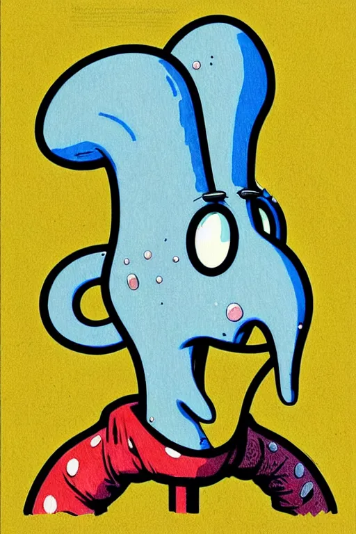 Prompt: squidward nose testicles, pop art, pixel, ultrarealistic digital art, concept art, aesthetic details, random anatomy features animals + human + environment, random object position, smooth painting, intricate details, sharp focus, three colors, classic, paper border, elegant, 4 d, watercolor pencil + ink drawing, art by mimmo rottela and bengus and banksy