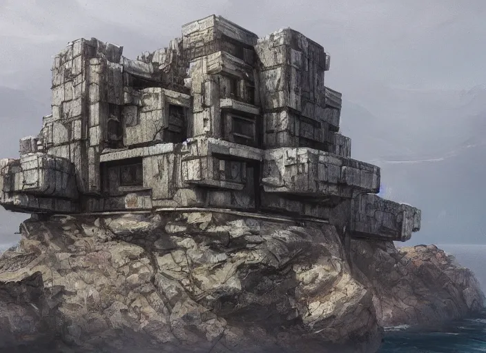 Prompt: concept art of brutalist big house on cliffs, hard rocks, oil painting by jama jurabaev, extremely detailed, brush hard, artstation, for aaa game, high quality, brush stroke