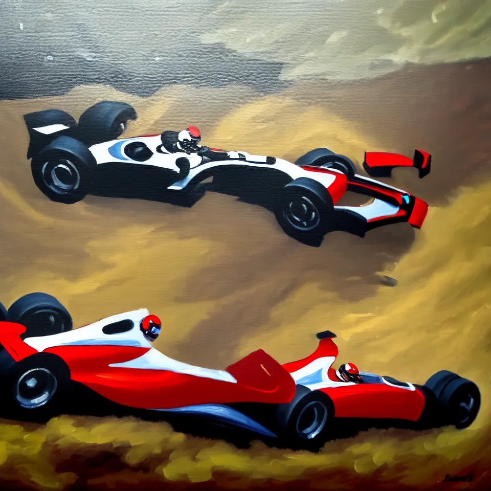 Image similar to a oil painting of a car racing