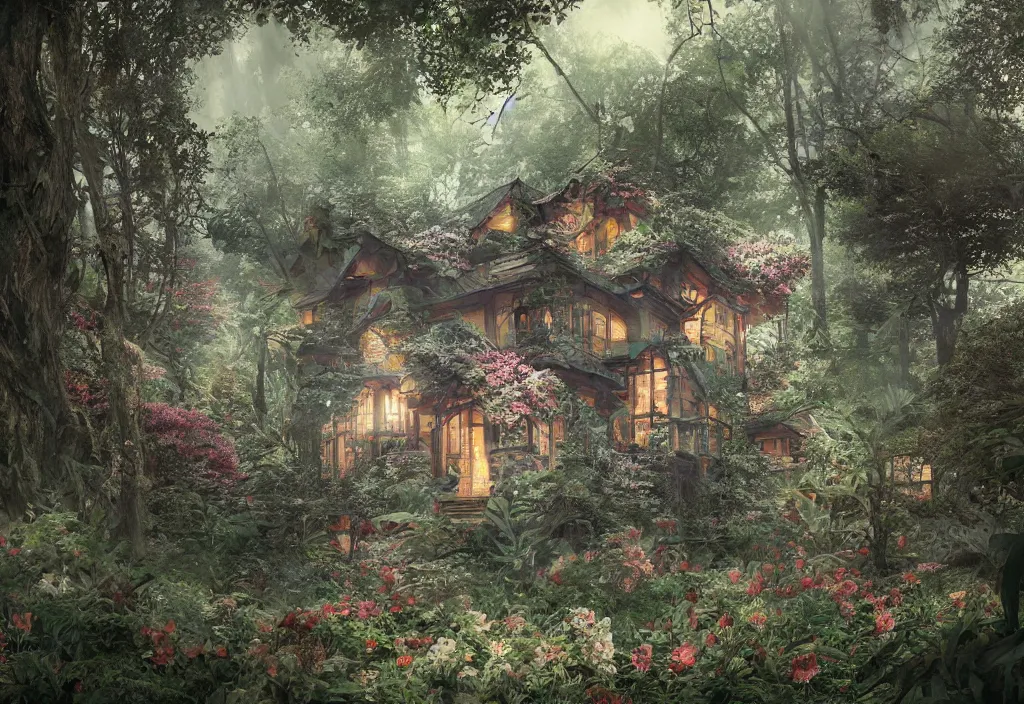 Image similar to a house sitting in a forest, wallpaper, ornate, beautiful, atmosphere, vibe, flowers, concept art illustration, color page, 4 k, tone mapping, doll, akihiko yoshida, james jean, andrei riabovitchev, marc simonetti, yoshitaka amano, digital illustration, greg rutowski, volumetric lighting, sunbeams, particles