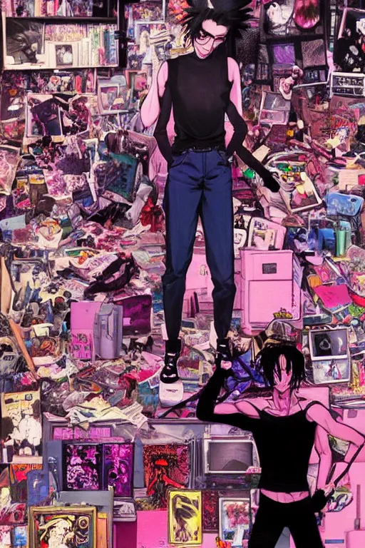 Image similar to a skinny goth guy standing in a cluttered 9 0 s bedroom, full body character concept art, vaporwave colors, hirohiko araki art, inio asano art,