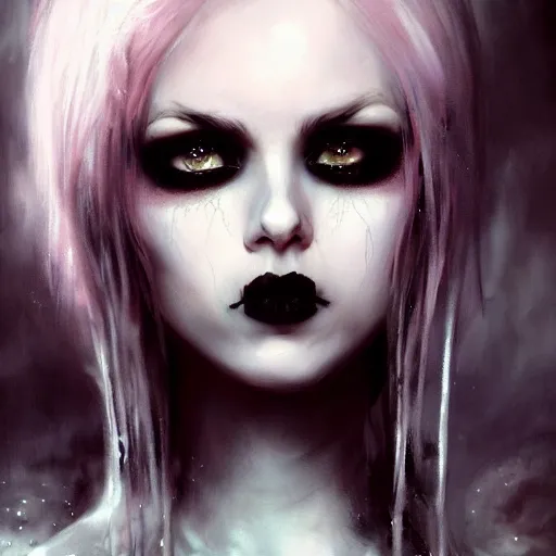 Image similar to gothic, grimdark a beautiful portrait of kerli koiv with pastel goth makeup, a detailed painting by greg rutkowski and raymond swanland and luis royo, featured on cgsociety, grimdark art, detailed painting, artstation hd, photorealistic