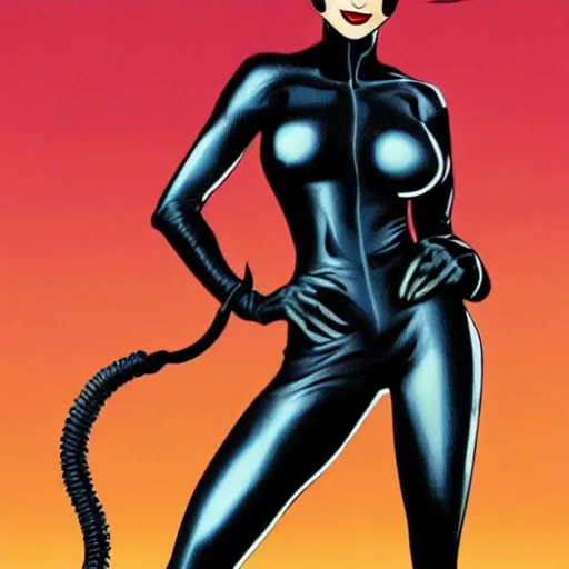 Image similar to High definition, high octane, award winning full body shot of Catwoman posing for the camera in revealing clothing, realistic