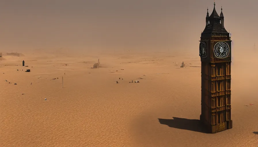 Image similar to london's big ben in mad max, tons of sand, sandstorm, sand dunes, hyperdetailed, artstation, cgsociety, 8 k