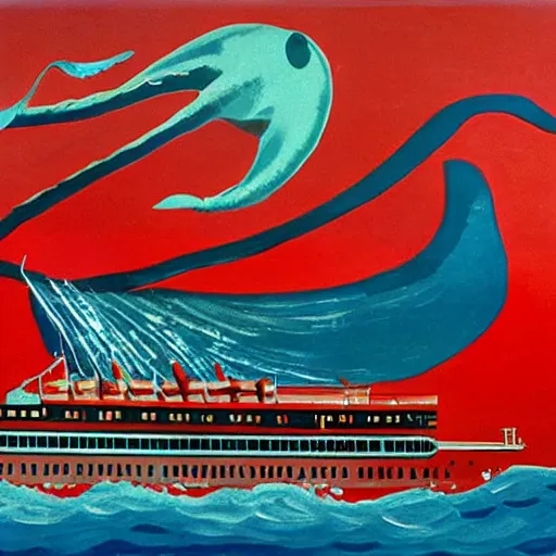 Prompt: A giant squid destroying a cruise ship in the middle of the ocean, oil painting by Andy Warhol