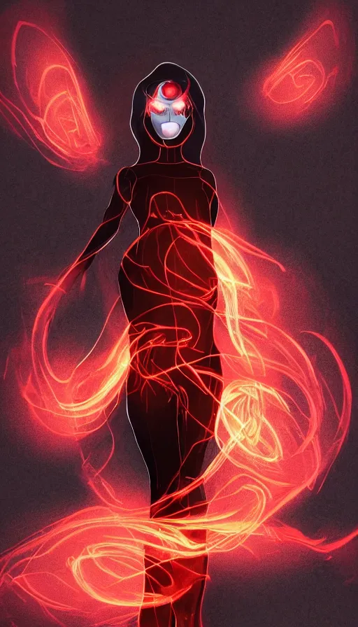 Prompt: Woman made of black flames, wearing a strict business suit, with no face, with glowing red eyes, with a red halo over her head, with red halo glowing out of her wrists, looking off to the side, growing out of a giant rose, rose petals flying in the wind, war, authoritarian, tense, digital painting, artstation, indieground, madness combat, strong dramatic cinematic lighting , blood red sky, grey skin, smooth, sharp focus, extremely detailed, illustration, concept art, sharp focus, by Annie Swynnerton and Nicholas Roerich, Godmachine, alphonse mucha''