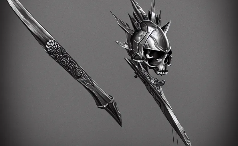 Image similar to a black and silver sword skull crest, orthographic, ornament, weapon, a 2 d render by dom qwek, front side, concept art, trending on polycount, artstation, hard surface modeling, rendered in maya, zbrush, hd, vray, blizzard, symmetry