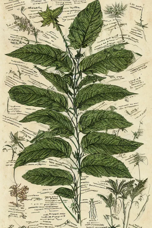 Image similar to scan of the leaves of an old cursed herbarium, by john howe, infographic, textbook, marginalia, cursed, alien, plant specimens, hortorium, scientific study