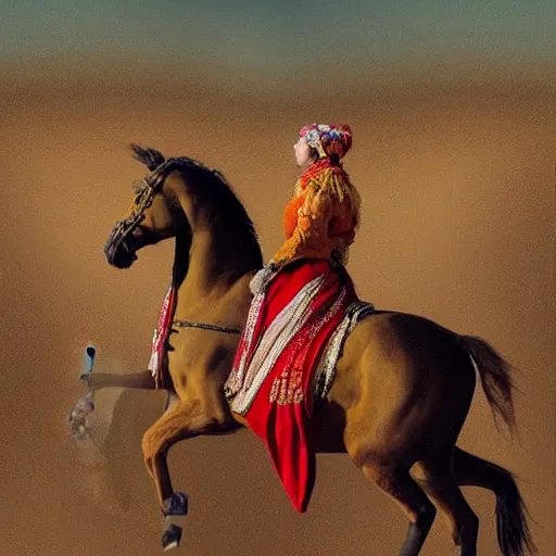 Image similar to The digital art shows the heroine riding on a magnificent red horse. She is clad in a traditional Russian folk costume, complete with a brightly-colored headscarf. Her face is pale and beautiful, with a look of resolve in her eyes. Behind her, the horse's hooves churn up the earth as they gallop across the countryside. In the distance, the dark forest looms, its trees reaching up into the sky. raypunk by Tim Walker sad