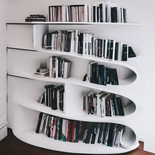 Image similar to photo of white bookshelf shaped like a spiral on white background