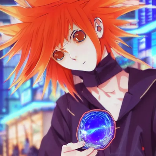 Image similar to orange - haired anime boy, 1 7 - year - old anime boy with wild spiky hair, wearing blue jacket, holding magical technological card, futuristic effects, fractal card, magic card, in front of ramen shop, strong lighting, strong shadows, vivid hues, raytracing, sharp details, subsurface scattering, intricate details, hd anime, 2 0 1 9 anime