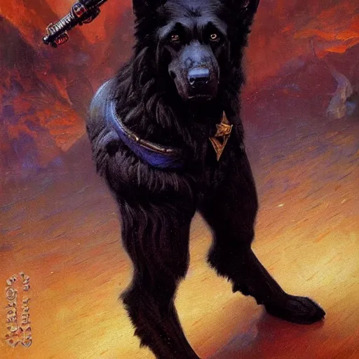 Prompt: fullbody of a black german shepard dogman man in trunks starfleet star trek risa. highly detailed painting by gaston bussiere craig mullins jc