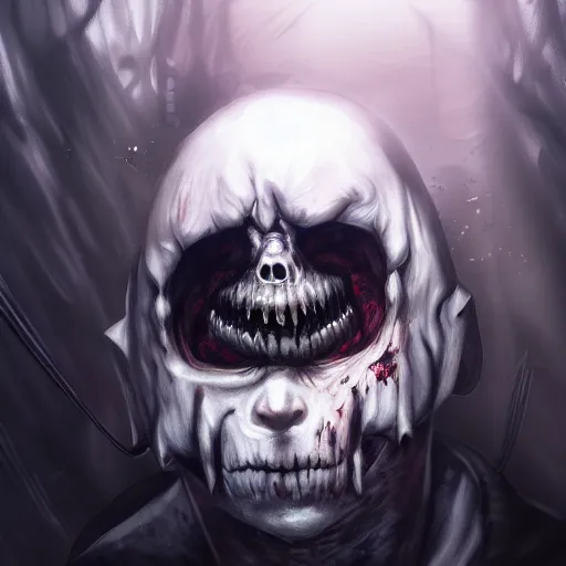 Prompt: photorealistic dark fantasy concept art of ultra horror nightmare sans with his eye glowing, dynamic lighting, stunning visuals, ray tracing, beautiful scenery, cinematic, full body portrait, ultra detailed, hyper detail, stunning detail