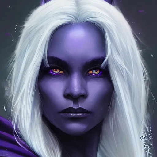 Prompt: fantasy elf drow with dark purple skin, silver hair, blue eyes, d & d, fantasy, portrait, highly detailed, headshot, digital painting, trending on artstation, concept art, sharp focus, illustration, art by artgerm and greg rutkowski and magali villeneuve