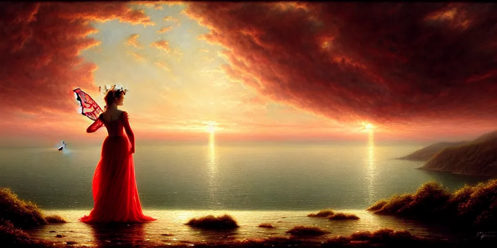 Image similar to an elegant fairy queen in a red lace dress dancing looking out at a lord of the rings scenery landscape, staring across the sea at a sail boat, sunrise, god's rays highly detailed, vivid colour, soft clouds, floral sunset, cinematic lighting, perfect composition, gustave dore, derek zabrocki, greg rutkowski, belsinski