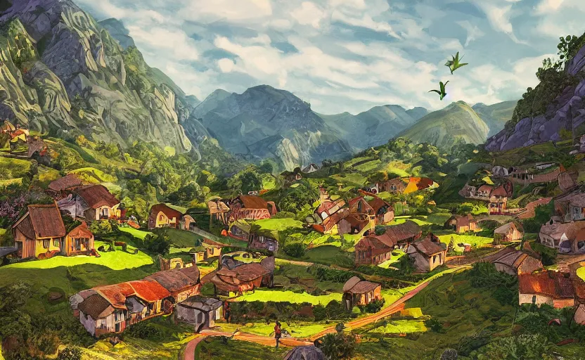 Prompt: a small village in a valley, villagers busy farming, a dragon approaching from a distance, storybook, gouache, flat, sharp edges, golden ratio, concept art, print