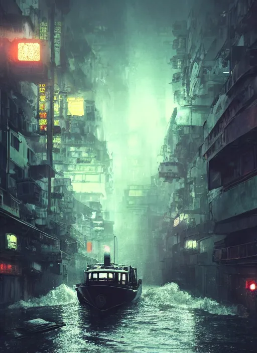 Image similar to dramatic Photorealistic, Matte Painting of a tug boat with bright head lights exploring a busy post apocalyptic deep flooded Hong Kong city street at night,dark Tall buildings by Greg Rutkowski,Craig Mullins,Hyperrealism,Beautiful dramatic moody lighting,Cinematic Atmosphere,volumetric,Octane Rendering,8K