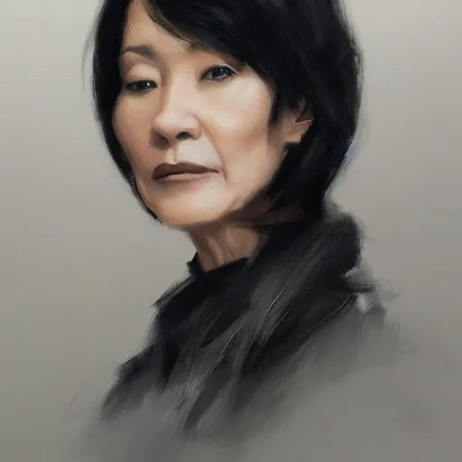 Image similar to Portrait of a woman by Greg Rutkowski, she is about 50 years old, japanese, black straight hair, attractive, elegant, airs of superiority, she is wearing black and white utilitarian jumpsuit, highly detailed portrait, digital painting, artstation, concept art, smooth, sharp foccus ilustration, Artstation HQ.