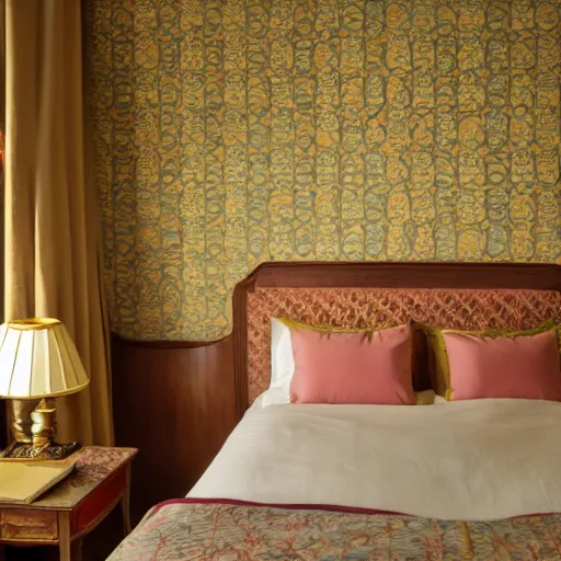 Image similar to a nightmare in a liminal hotel room, baroque wallpaper, film still by wes anderson, depicted by balthus, limited color palette, very intricate, art nouveau, highly detailed, lights by hopper, soft pastel colors, minimalist