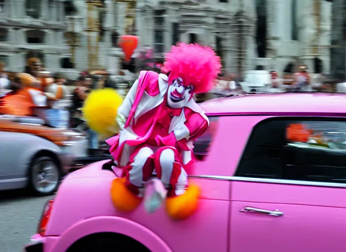 Prompt: A clown driving a pink Mini Cooper through an anime convention, motion blur, photo