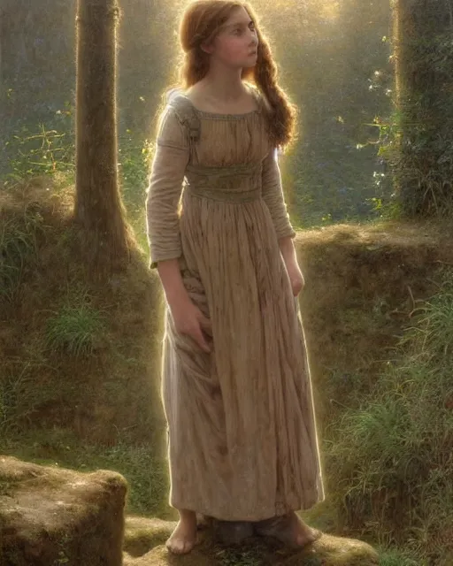 Image similar to a well - lit, realistic portrait painting of a thoughtful girl resembling a young, shy, redheaded irish alicia vikander or millie bobby brown wearing peasant dress in moss - covered ancient stone ruins at sunset, highly detailed, intricate, concept art, artstation, by donato giancola, ron cobb, and william adolphe bouguereau