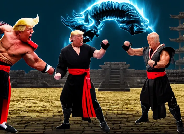 Image similar to trump fights biden in mortal kombat on the background of an ancient temple with a giant shao kahn laughing. fantasy magic style. highly detailed 8 k. intricate. lifelike. soft light. sony a 7 r iv 5 5 mm. cinematic post - processing