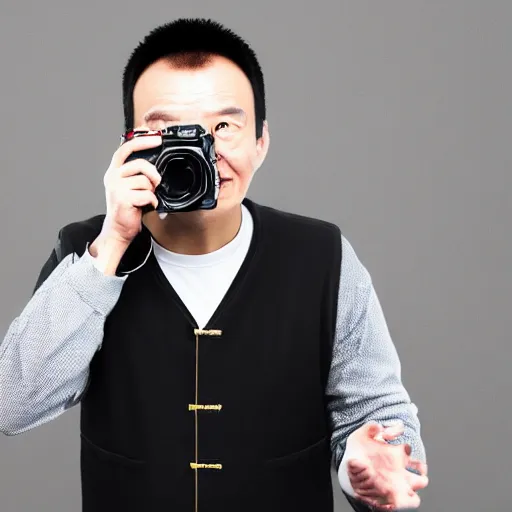 Image similar to Digital art of portrait of a Chinese man, holding a DSLR camera, excited facial expression, head-and-shoulders shot, white background, cute Pixar character, houdini 3D render