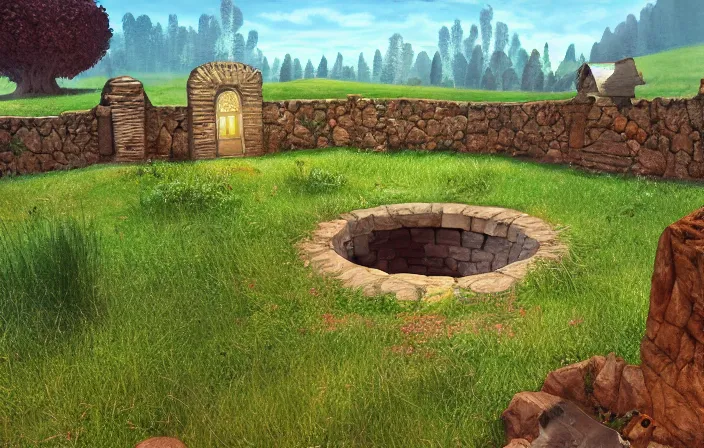 Prompt: empty grass field with a destroyed small stone well in the center, burn marks on the ground around the well, at midday, from a point and click 2 d graphic adventure game, art inspired by thomas kinkade, king's quest, sierra entertainment games