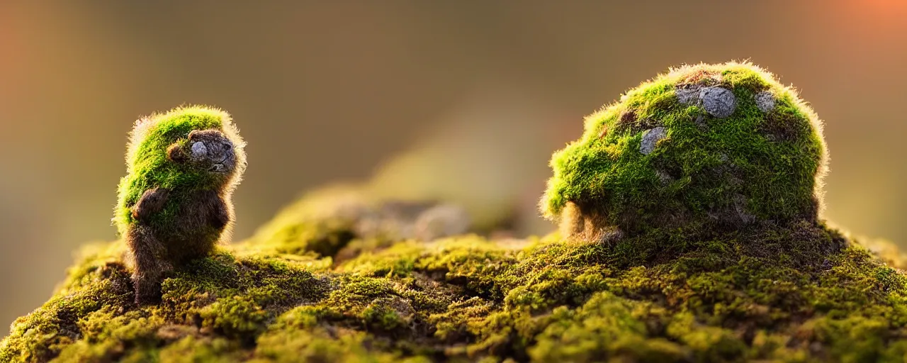 Prompt: a tiny cute mossy forest creature by bobby chiu, at sunset, macro photography, goro fujita