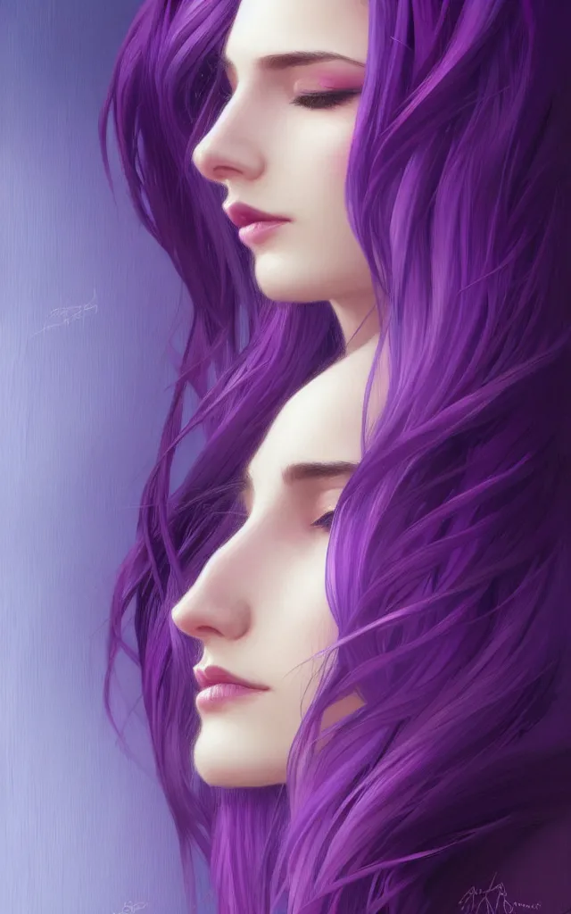 Image similar to Purple hair, creative colouring Portrait of woman face profile, fashion, coloured strands of hair, intricate, elegant, highly detailed, digital painting, artstation, concept art, smooth, sharp focus, illustration, art by artgerm and greg rutkowski and alphonse mucha, 8k