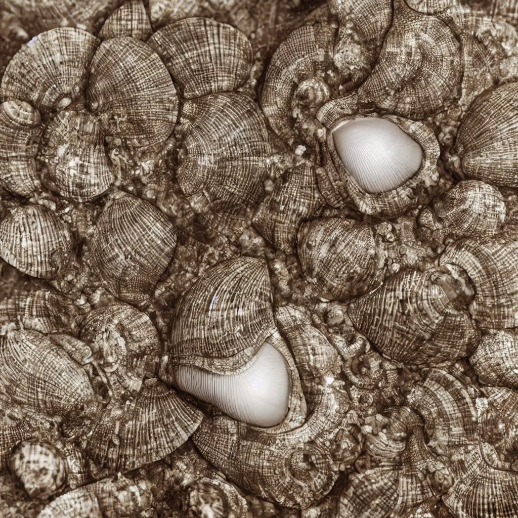 Image similar to geometric single sea shell by ernst haeckel, modeled in 3 d, closeup, cinema 4 d render, beach sad background, clear focus, very coherent, very detailed