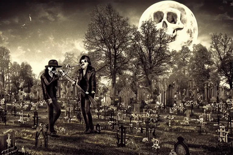 Prompt: skeletons in leather jackets with guitars in the hands in a cemetery, microphones, rock concert, dark night, full moon, the oak tree, highly detailed digital art, photorealistic