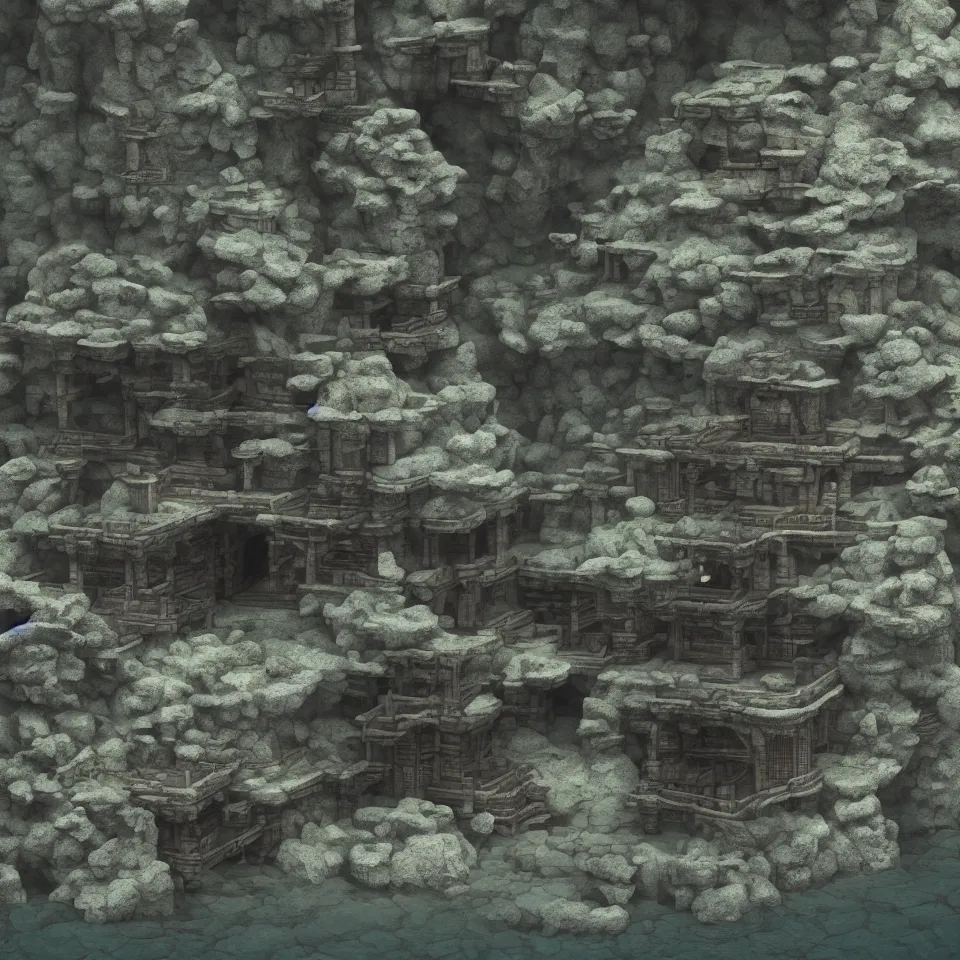 Image similar to An ancient Japanese architectural building under the sea, 8k, very high detailed, cinematic, octane render, intricate