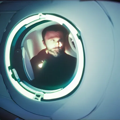 Prompt: forsen in a spaceship, cinestill 8 0 0 t