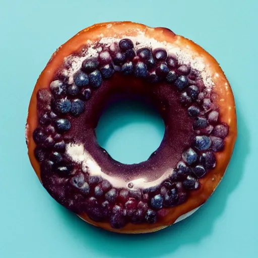 Image similar to Perfectly circular donut!!!!! in the style of a blueberry!!!!!!, blueberry donut!!!!, trending on artstation, 4k, 8k, professional photography, overhead shot, 35mm lens